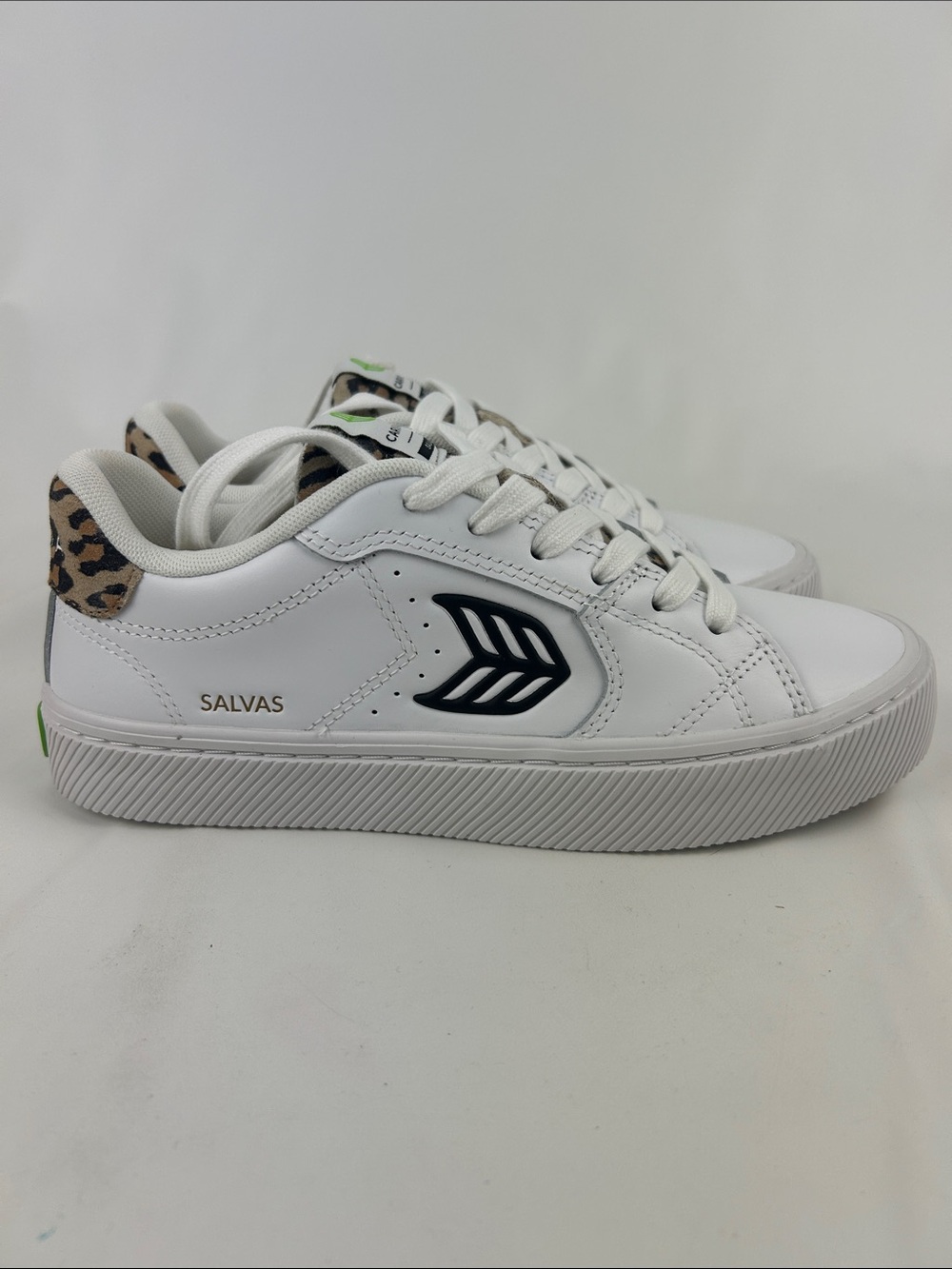 Cariuma White Sneakers with Leopard Heel and Navy Logo